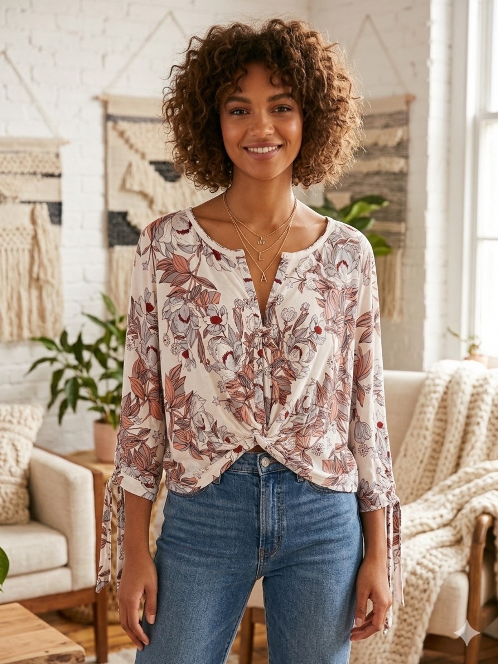 Free People floral knot-front top with tie sleeves - Size Small